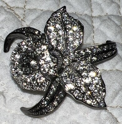 #ad Nolan Miller Glamour Collection Black Silver Rhinestone Pave Orchid Pendant