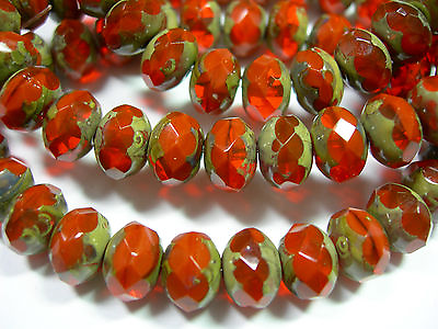 25 8x6mm Brick Orange Picasso Czech Fire polished Rondelle beads