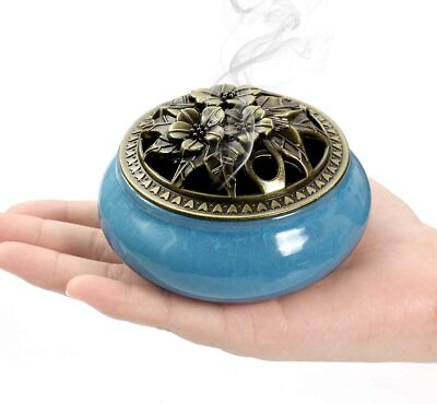 Ceramic Stick Incense Burner Cone Holder with Brass lid for Home Decor Yoga Spa