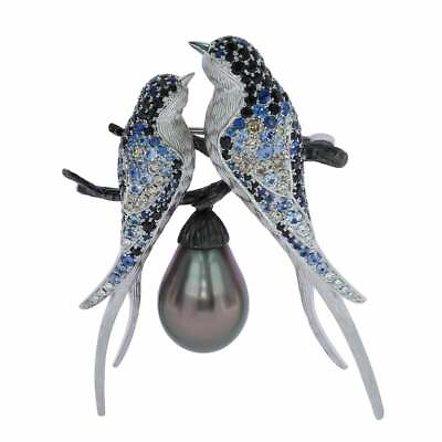 Tahiti Black Pearl Multi Color Sapphire 925 Sterling Silver Loving Bird Brooch