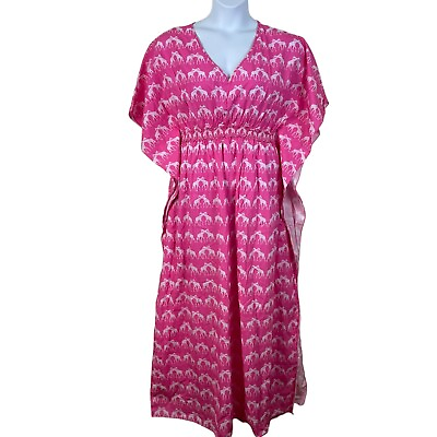 #ad Sheridan French Size 8 Medium Full Length Caftan Dress Pink Giraffe Print V Neck