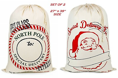 SET OF 2 Giant XL Christmas Bags Santa Claus Sacks Cotton XMAS Gift Bags 27 x 39