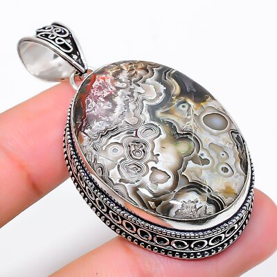 #ad Laguna Lace Agate Gemstone Handmade 925 Sterling Silver Jewelry Pendant 2.13quot;