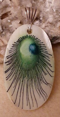#ad Vintage Mother of Pearl Hand Painted Peacock Feather Pendant