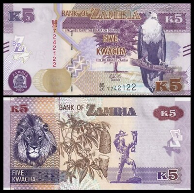 #ad ZAMBIA 5 Kwacha 2020 P 57 UNC World Currency