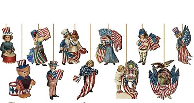 Fourth Of July USA wooden “Vintage” hanging ornaments set of 12