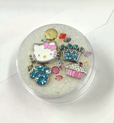 #ad Kitty Floating Charm Set Crown Paw Print Kitty For Glass Living Memory Locket