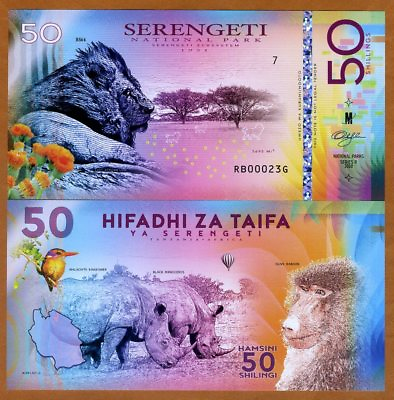 #ad Tanzania Serengeti National Park 50 Shillings Polymer 2018 Lion Rhino