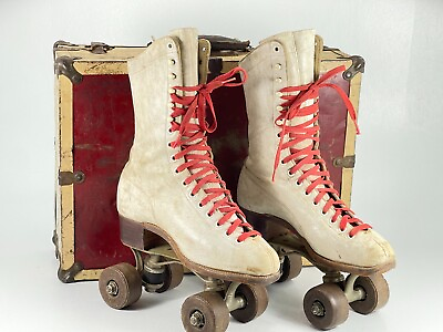 #ad Vintage Antique Ware Bros Chicago White Leather Roller Skates amp; Metal Case