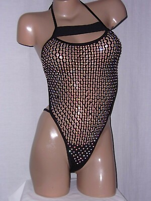 #ad New One piece semi sheer mesh thong bodysuit rhinestone bling cover all Black