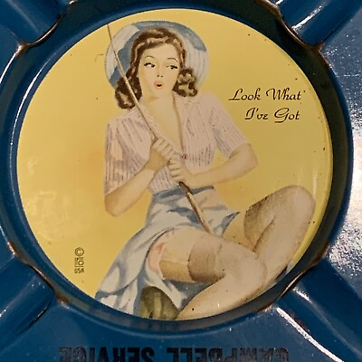 #ad Vtg Philips 66 metal ashtray Superior Wisconsin Campbell service woman fishing