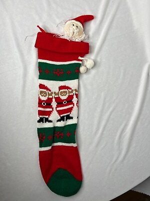 #ad Vintage Christmas Stocking Knit Santa Santa Head Red Green White 21 Inch