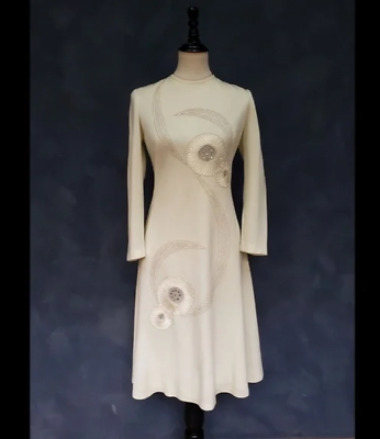 #ad #ad Vintage 70s Off White Terkel de Paris Embroidered Embellished Dress 16