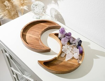 #ad Crescent Moon Trays Set of 2 Crystal Holder and Display Acacia Wood Dish Display
