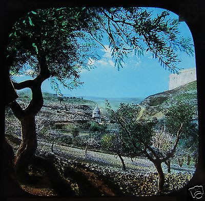 #ad HAND COLOURED Glass Magic lantern slide VALLEY OF JEHOSHAPHAT C1890 ISRAEL L66