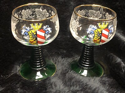 #ad Vintage Luminarc Wine Glasses Etched Floral Green Ribbed Stem Nurnberg Germany