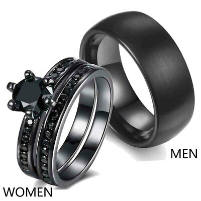 Couple Rings Black Rings Titanium Steel Mens Ring Cz Women#x27;s Wedding Ring Sets