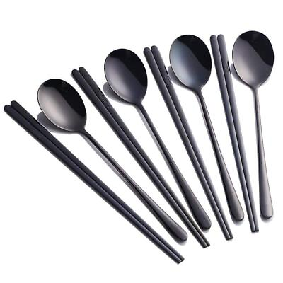 #ad 4 Set Spoon Chopsticks Black Reusable Metal Stainless Steel Korean Chopstix ...