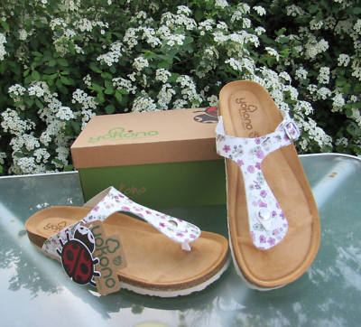 #ad Yokono White Flora Leather Cork Footbed Toe Thong Comfort Sandals Womens size 10