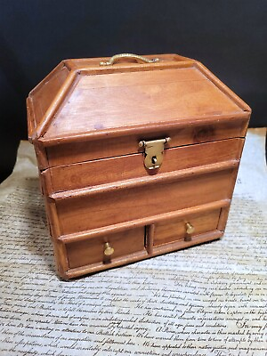 #ad Antique Vintage Style Collectors Campaign Chest Wood Box w Secret Compartments