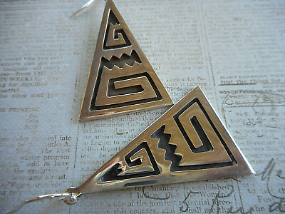 #ad Vintage Mexico Taxco Sterling Silver Geometric Triangular Dangle Earrings 2962N7