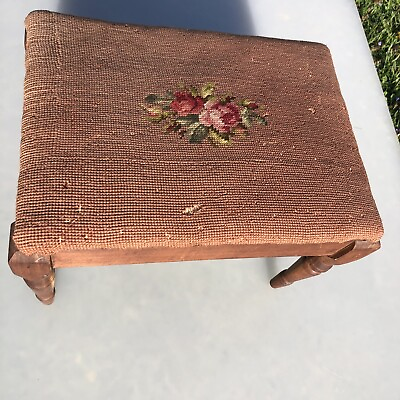 Antique Wood Footstool Ottoman Needlepoint Flowers 16”x10quot; x 11”High Vintage