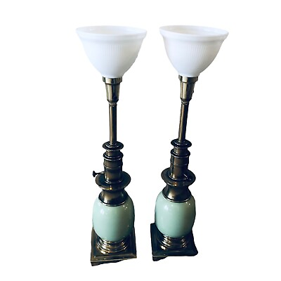 Vintage Pair STIFFEL Ostrich Egg Lamps Sage Green Brass Ceramic Milk Glass Shade