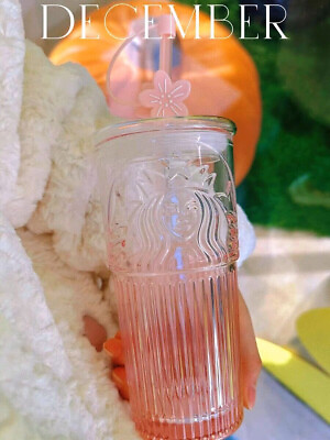 #ad 2023 Starbucks Glass Cup Gradient Pink Sakura Tumbler w Cherry blossom Topper