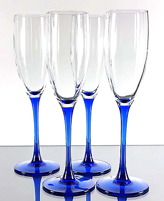 Luminarc France Champagne Flutes Blue Stem Glasses Set of 4