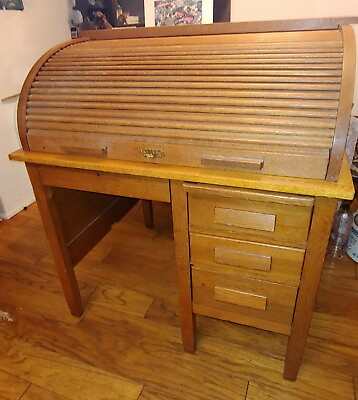 Antique Author#x27;s Roll Top Desk Vintage Oak Solid Wood 