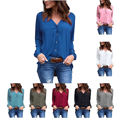#ad Women Neck Pleated Tops Button Down Long Sleeve Loose Solid Chiffon Shirt Blouse
