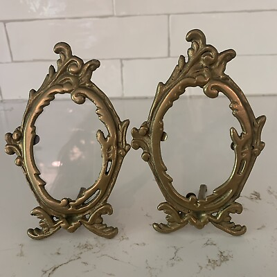 #ad Vintage Brass Photo Frame Set Of 2 Art Nouveau Oval 6quot; Baroque Ornate Free Stand
