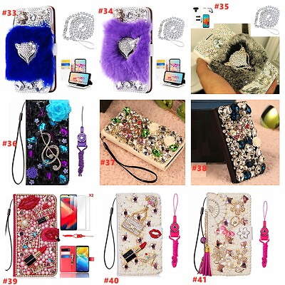 #ad Girly Wallet Leather Phone Case Bling Diamonds Women Sparkly Covers 2 Lanyards