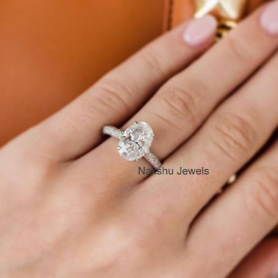 #ad 3Ct White Oval Cut Moissanite Hidden Halo Engagement Ring 14K Solid White Gold