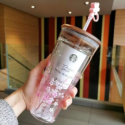 Starbucks Tumbler Pink Sakura Double Glass Straw Cup 591 ml Cherry Blossom Plug