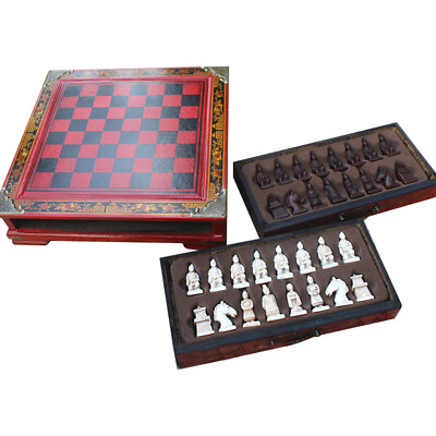Antique Wooden Terracotta Warriors Chess Set Vintage Board Classic Storage
