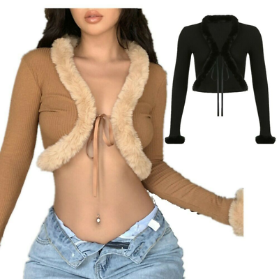 #ad Womens Long Sleeve Cropped Knit Cardigan Sweater with Faux Fur Trim Collar Cuffs