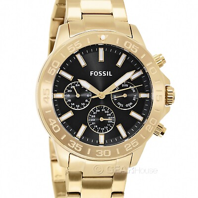 #ad FOSSIL Bannon Mens Gold Multifunction Watch Black Dial Date Stainless Steel Band