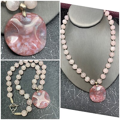 #ad Vintage Rose Quartz Beaded Chunky Pink Agate Pendant Necklace 18”