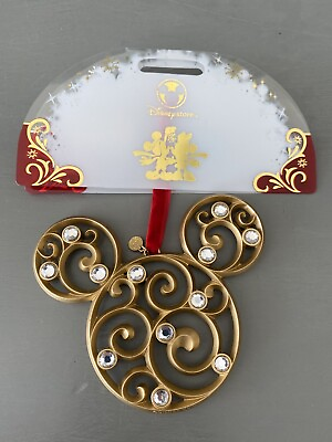 #ad Disney Store Metal Mickey Icon Jewled Filigree Gold Christmas Ornament NWT 4”
