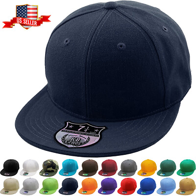 #ad Premium Solid Fitted Cap Baseball Cap Hat Flat Bill Brim NEW