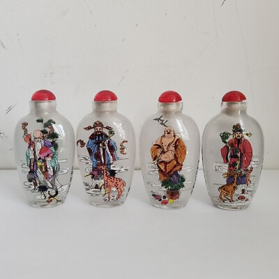 #ad A set Chinese Handmade Inside painted Snuff Bottle Lucky Figure Painting Glass