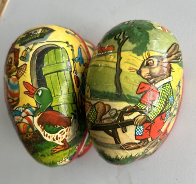 #ad German Paper Mache Easter Egg Candy Containers 2 Nesting Vtg Rabbit Ducks Birds