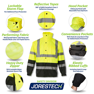 Safety Rain Jacket Reflective Green Hi Vis Raincoat Rainjacket w Hood S 5XL