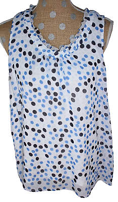 #ad ELLE White Polka Dot Blouse Top Sleeveless Ruffle Scoop Neck Lined SIZE XL