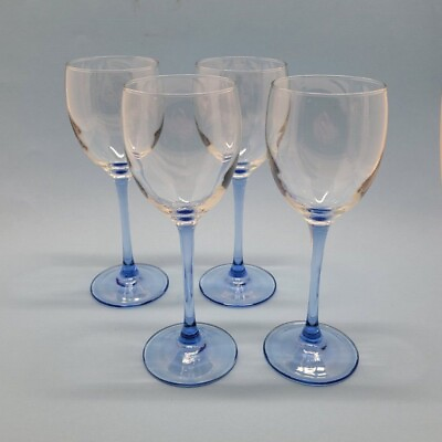 Vintage Set of 4 Luminarc France Clear Glass Blue Stem Wine Glasses 7 3 4quot;