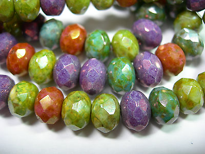 25 8x6mm Picasso Luster Mix Czech Glass Fire polished Rondelle beads