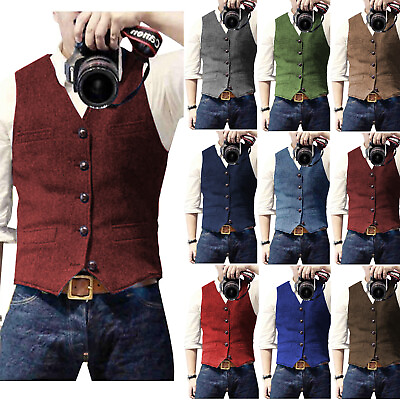 #ad Mens Tweed Vest Vintage Cowboy Herringbone Groom Waistcoat S M Large XL XXL 3XL
