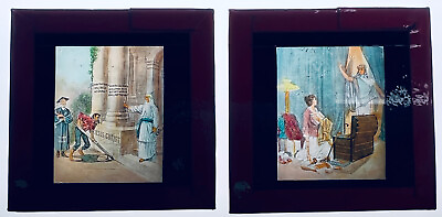 #ad Vintage Magic Lantern Glass Transparency Slides Hand colored Religious SET OF 2