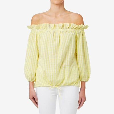 #ad NWT SEED HERITAGE Sz L Off Shoulder Gingham Blouse Yellow White Ruffles